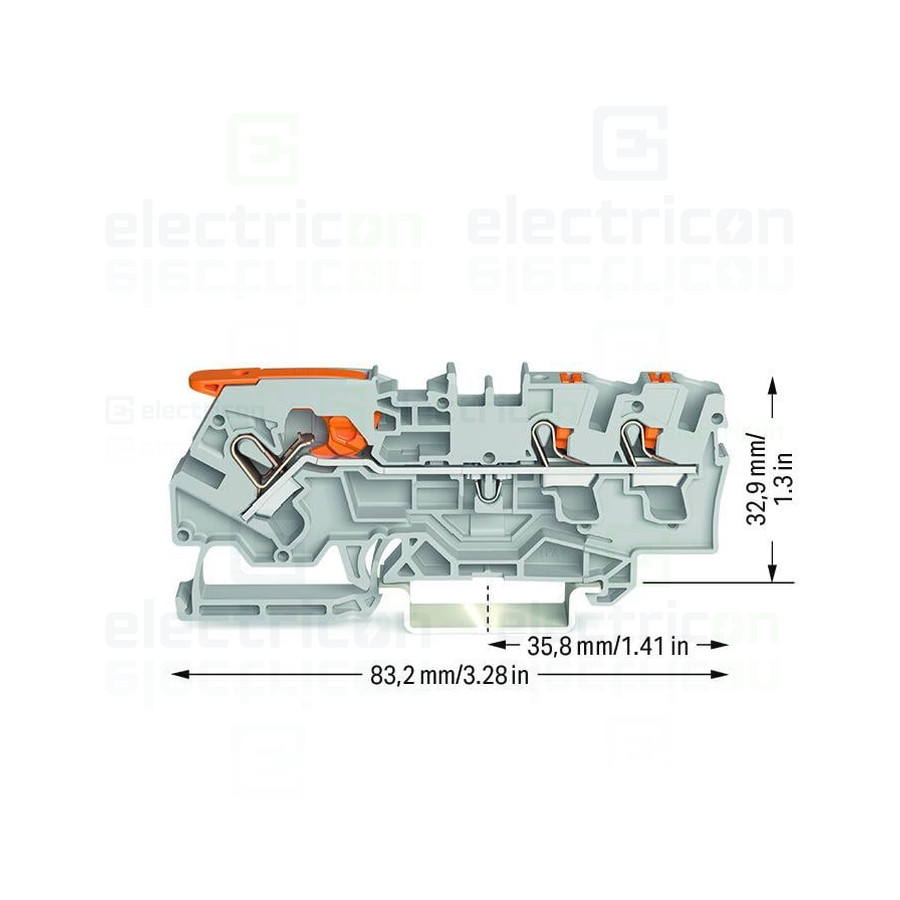 Conector Wago 4 mm² Clema șir, cu pârghie și buton, 3 conexiuni, 4 mm²,gri, TopJobs Clamp, Wago, 2104-5301 – montaj rapid și sig
