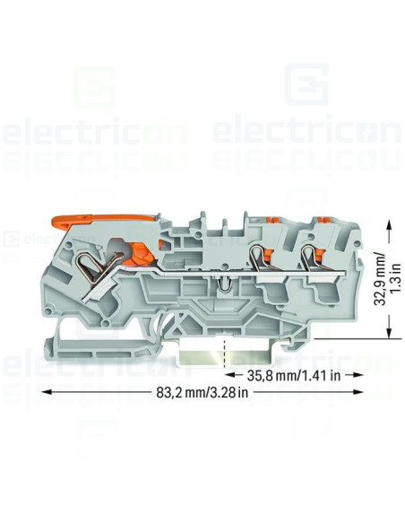 Conector Wago 4 mm² Clema șir, cu pârghie și buton, 3 conexiuni, 4 mm²,gri, TopJobs Clamp, Wago, 2104-5301 – montaj rapid și sig