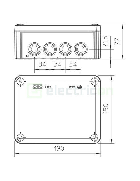 Doză ramificație - Cutie conexiuni - 176x135x67mm montaj aparent IP66 rezistent foc - OBO Bettermann 2007355