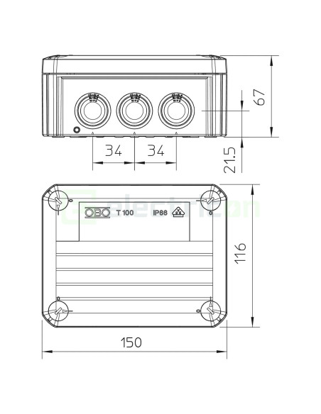 Doză ramificație - Cutie conexiuni - 136x102x57mm montaj aparent IP66 rezistent foc - OBO Bettermann 2007347