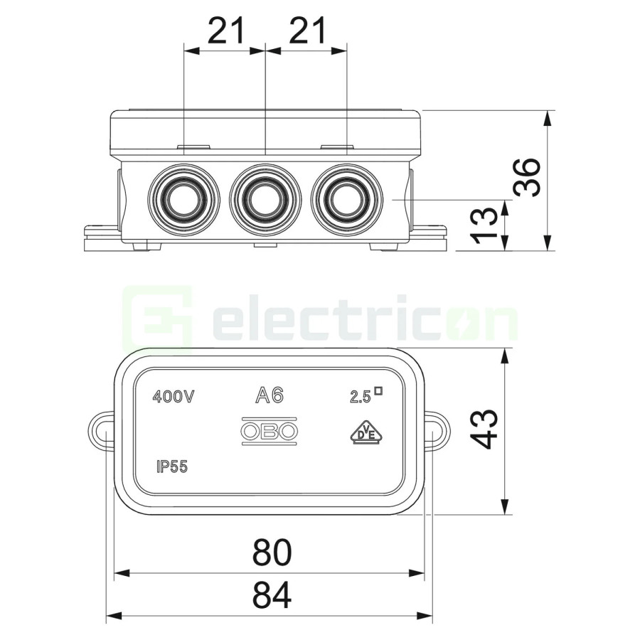 Doza ramnificație, peste tencuială, A 6 HF RW, 69x32x30 mm, OBO Bettermann, 2000005
