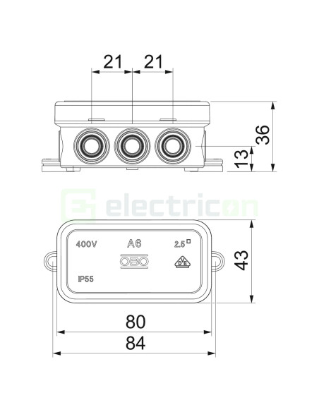 Doza ramnificație, peste tencuială, A 6 HF RW, 69x32x30 mm, OBO Bettermann, 2000005