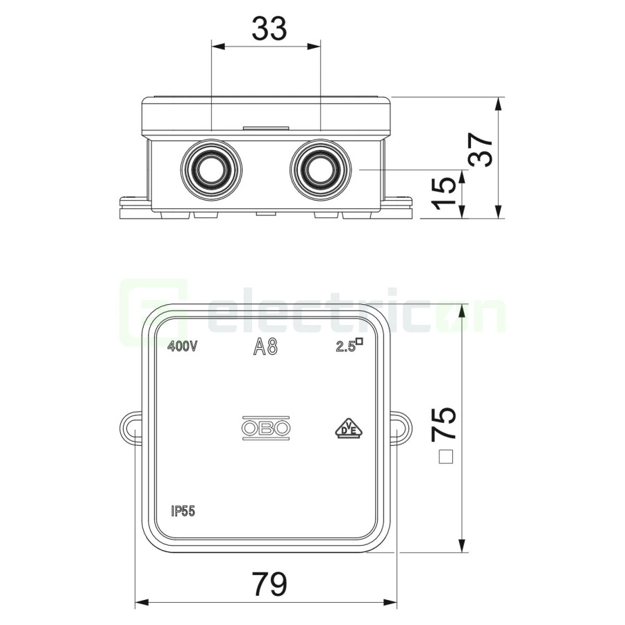 Doza ramnificație, peste tencuială, A 8 HF RW, 65x65x32 mm, OBO Bettermann, 2000075