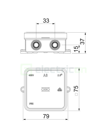 Doza ramnificație, peste tencuială, A 8 HF RW, 65x65x32 mm, OBO Bettermann, 2000075