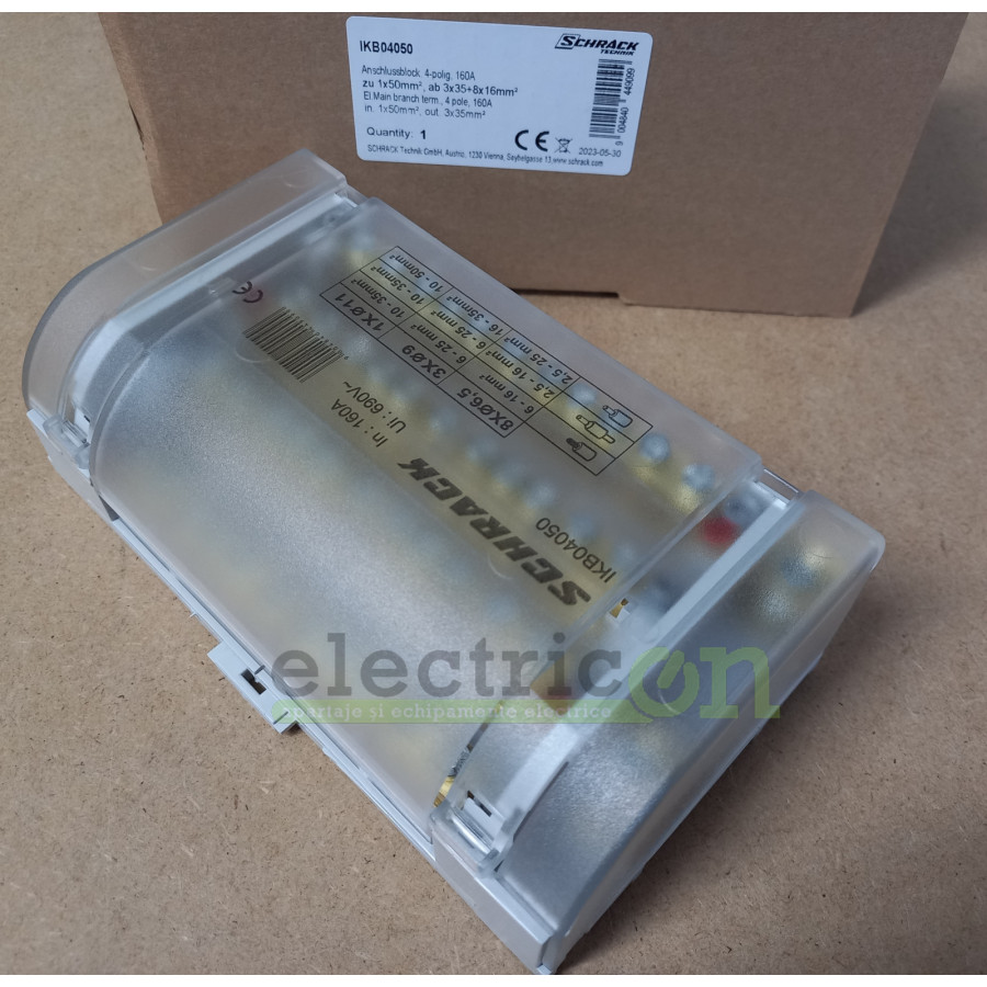 Bloc distribuție 50 mm² Bloc distributie 4 poli 160A, per pol:1x50 mm²/3x25 mm²+8x16 mm² – montaj rapid și sigur în aplicații el