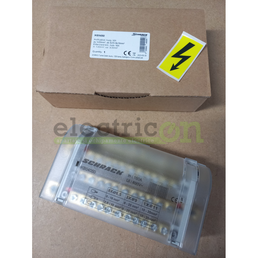 Bloc distribuție 50 mm² Bloc distributie 4 poli 160A, per pol:1x50 mm²/3x25 mm²+8x16 mm² – montaj rapid și sigur în aplicații el