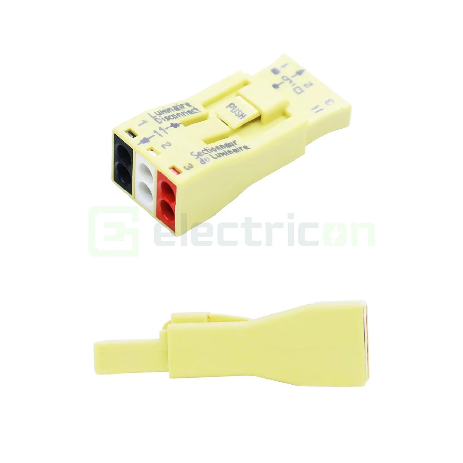 Clemă de derivație 00 mm² Conector pt deconectare corp iluminat; 3 poli; 4,00 mm²; galben – montaj rapid și sigur în aplicații e