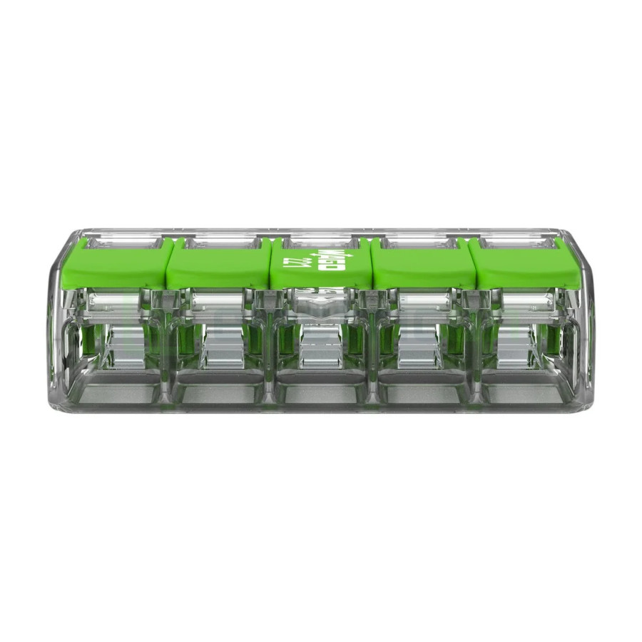 Conector Wago 4mm² Clemă legătură doză, 5x4mm², verde, Wago, 221-425 – montaj rapid și sigur în aplicații electrice diverse