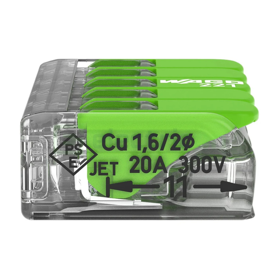 Conector Wago 4mm² Clemă legătură doză, 5x4mm², verde, Wago, 221-425 – montaj rapid și sigur în aplicații electrice diverse