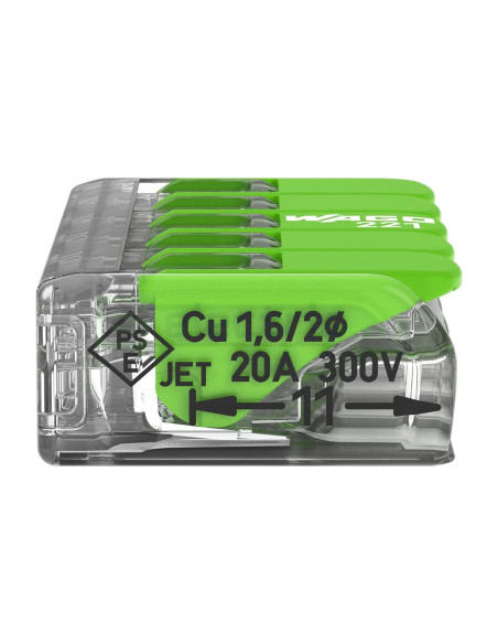 Conector Wago 4mm² Clemă legătură doză, 5x4mm², verde, Wago, 221-425 – montaj rapid și sigur în aplicații electrice diverse