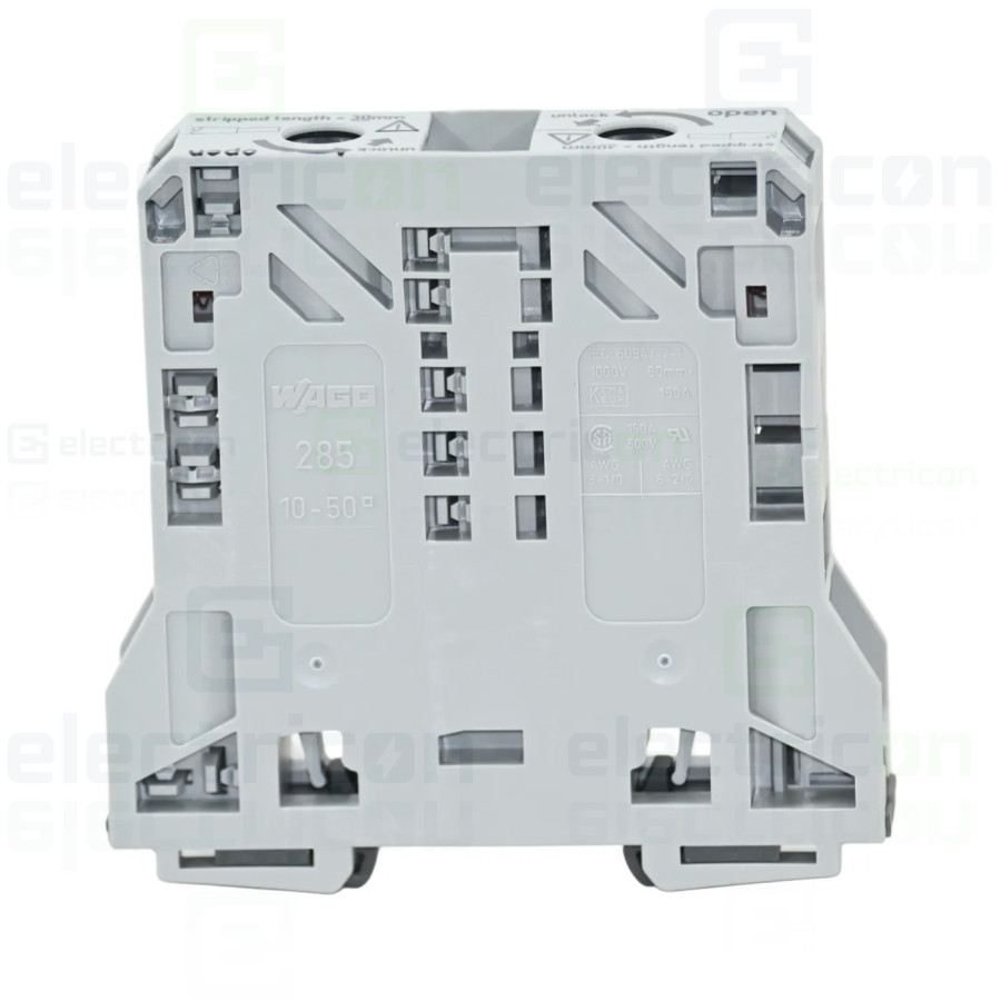 Clemă șir Clema sir trecere cu 2 conductori, 50mm, gri – montaj rapid și sigur în aplicații electrice diverse