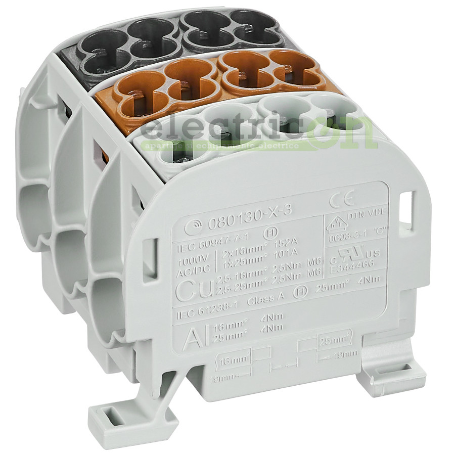 Clemă de derivație 25 mm² Clema de derivatie Cu-Al, 25 mm² 3P, izolata – montaj rapid și sigur în aplicații electrice diverse
