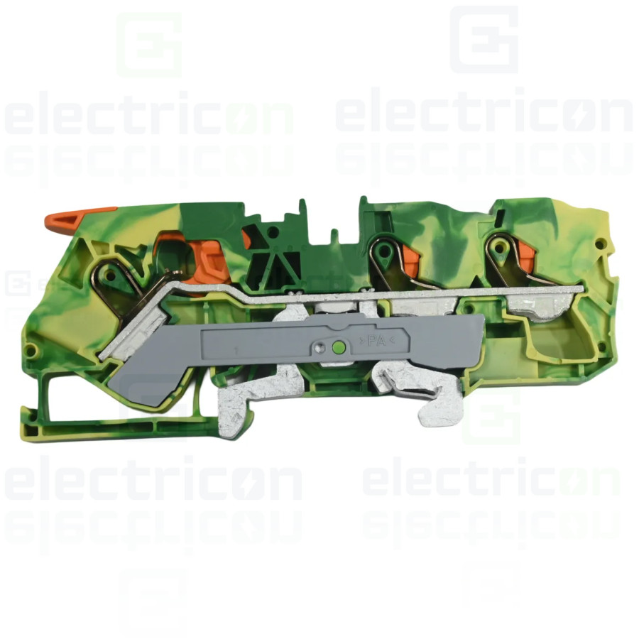 Conector Wago 10 mm² Clema șir, cu pârghie și buton,împământare, 3 conexiuni, 10 mm²,verde-galben, TopJobs Clamp, Wago, 2110-530