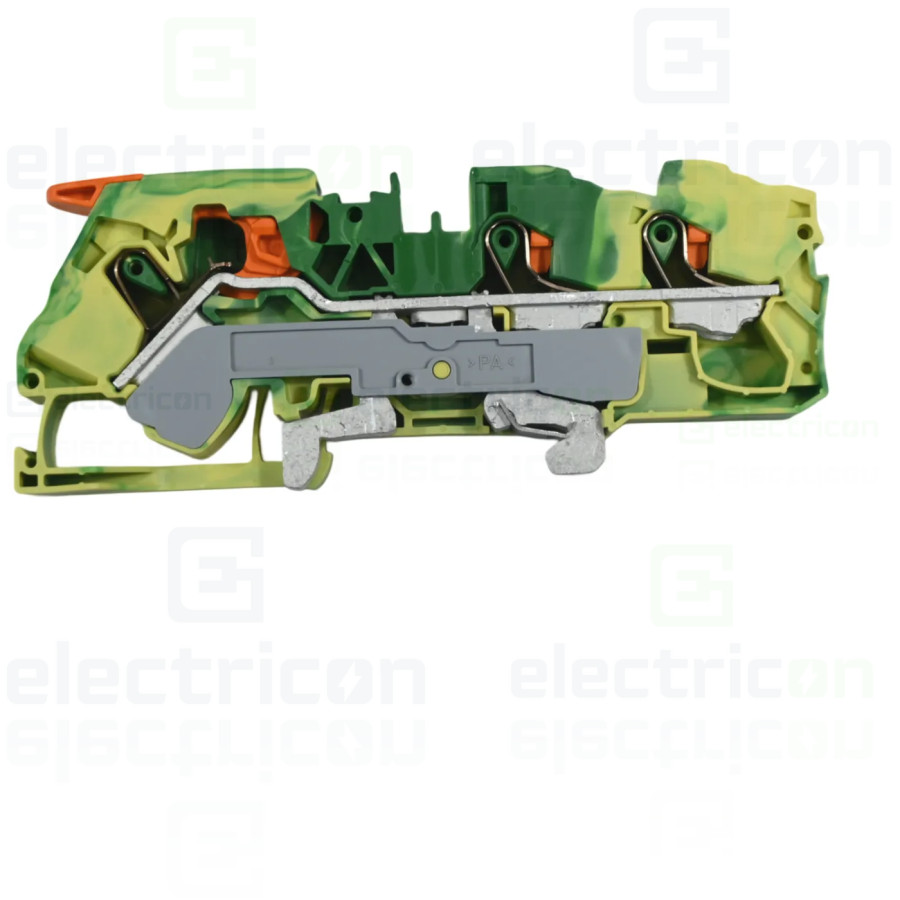 Conector Wago 16 mm² Clema șir, cu pârghie și buton,împământare, 3 conexiuni, 16 mm²,verde-galben, TopJobs Clamp, Wago, 2116-530