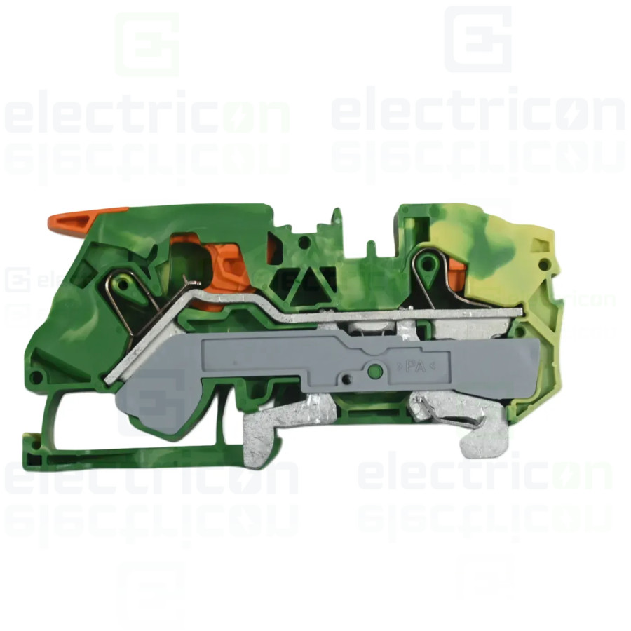Conector Wago 16 mm² Clema șir, cu pârghie și buton,împământare, 2 conexiuni, 16 mm²,verde-galben, TopJobs Clamp, Wago, 2116-520