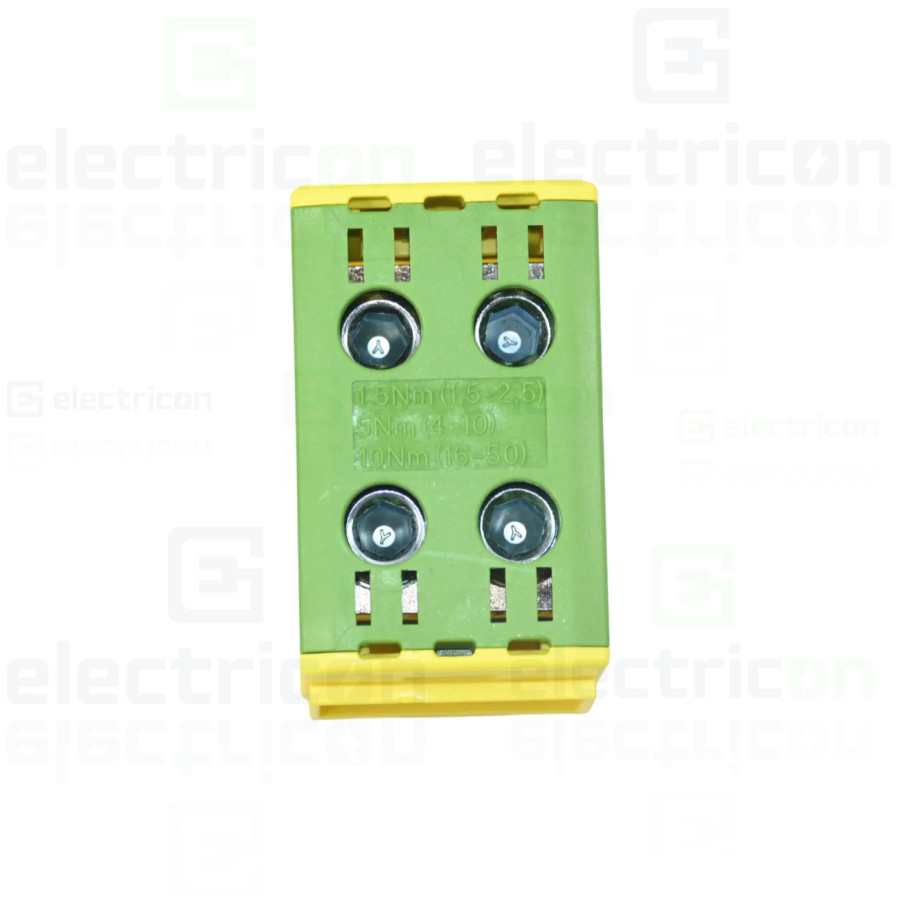 Clemă șir 50 mm² Clema derivatie 50 mm², 2 intrari - 2 iesire, galben-verde – montaj rapid și sigur în aplicații electrice diver