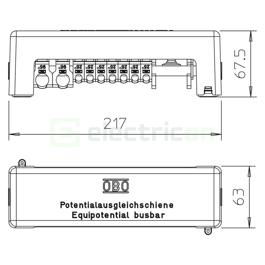 Bara de egalizare potential, VDE, 9 conexiuni, 100A, 1801 VDE, OBO Betteermann, 5015650