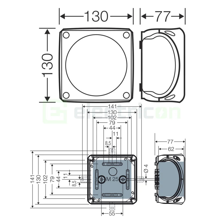 Doză ramificație - Cutie conexiuni - 130x130x77mm montaj aparent IP67/IP69 - Hensel KF 0600 B