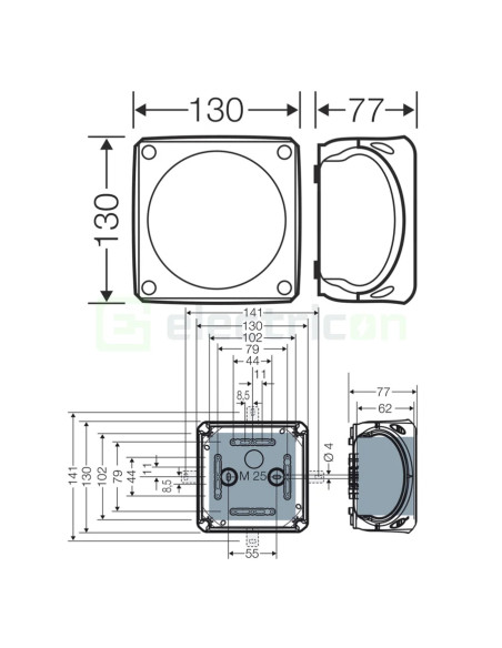 Doză ramificație - Cutie conexiuni - 130x130x77mm montaj aparent IP67/IP69 - Hensel KF 0600 B