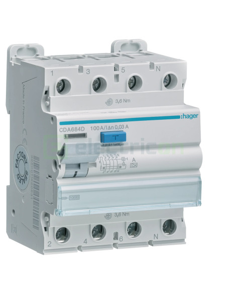 Intreruptor RCCB 100A/30mA Hager - CDA684D