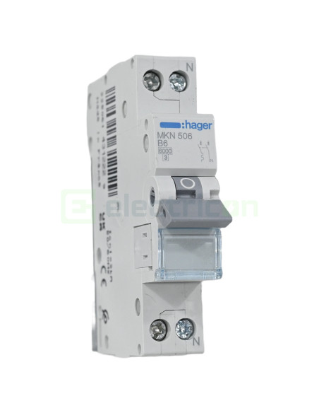 MCB - Siguranță automată - disjunctor - curba B 6A 6kA 1P+N 1M Hager MKN506