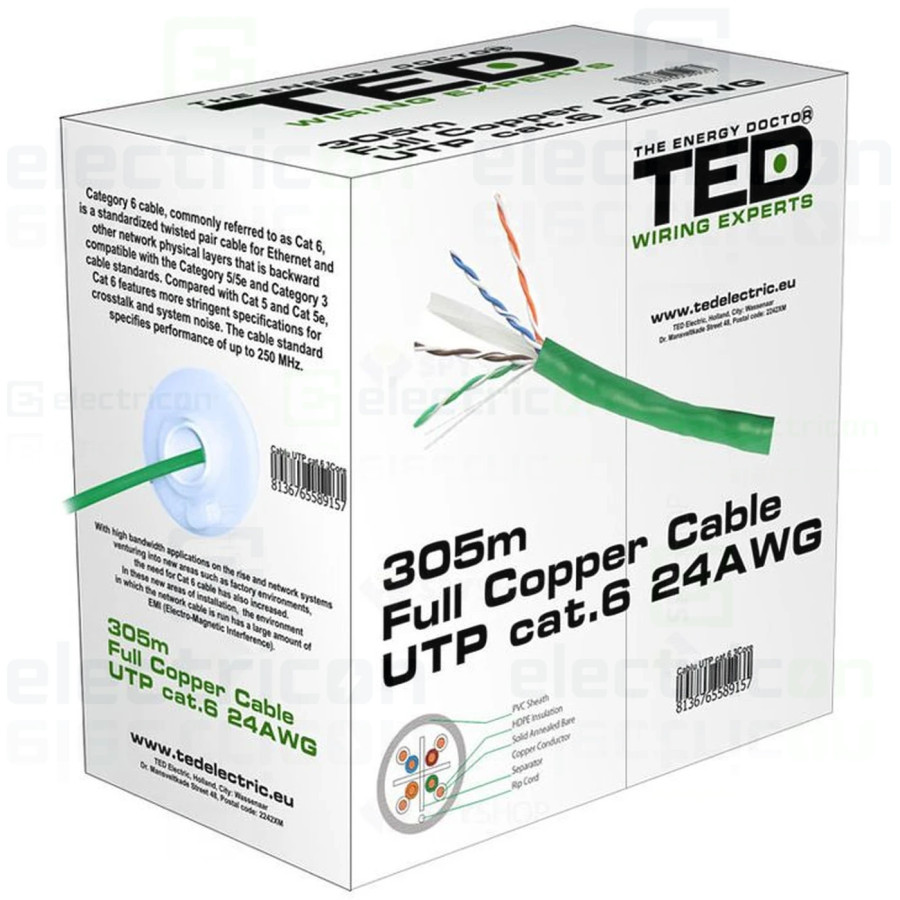 Cablu UTP cat.6 cupru integral 0,5 24AWG manta PVC verde rola 305ml TED Wire Expert BBB A0, TED, TED002501 - Electricon.ro