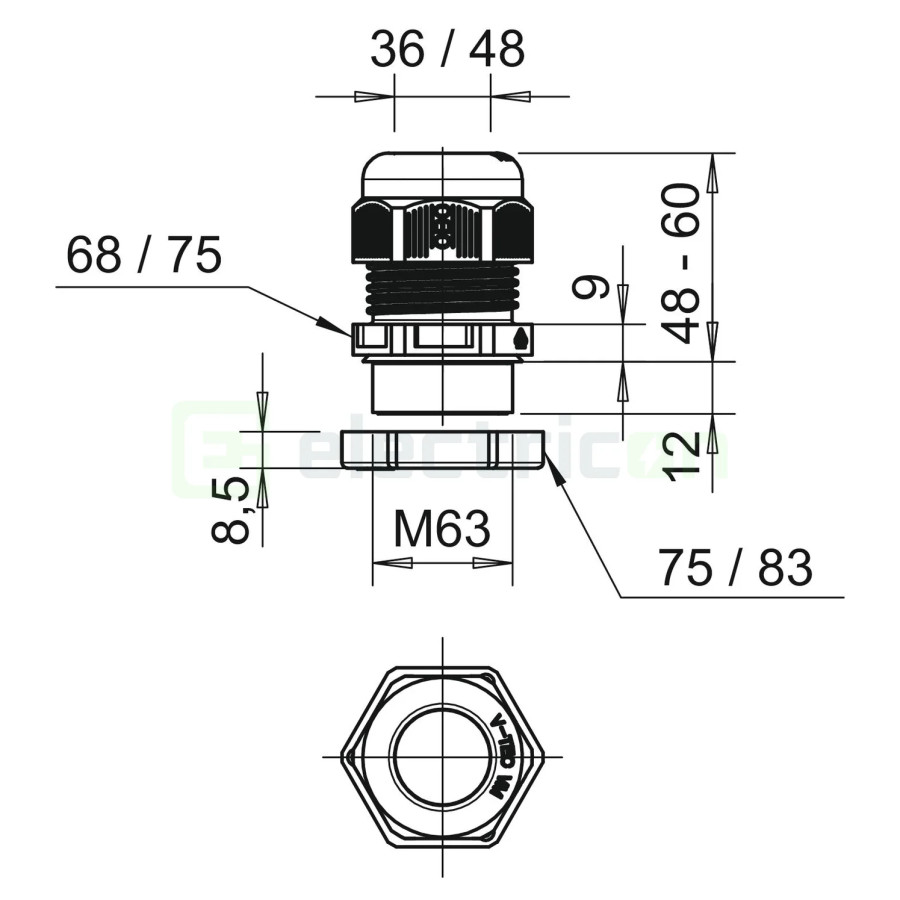 Presetupă, filet metric, set cu contrapiuliță, M63 x1.5, V-TEC VM63+ LGR, gri deschis, OBO Bettermann, 2022 776