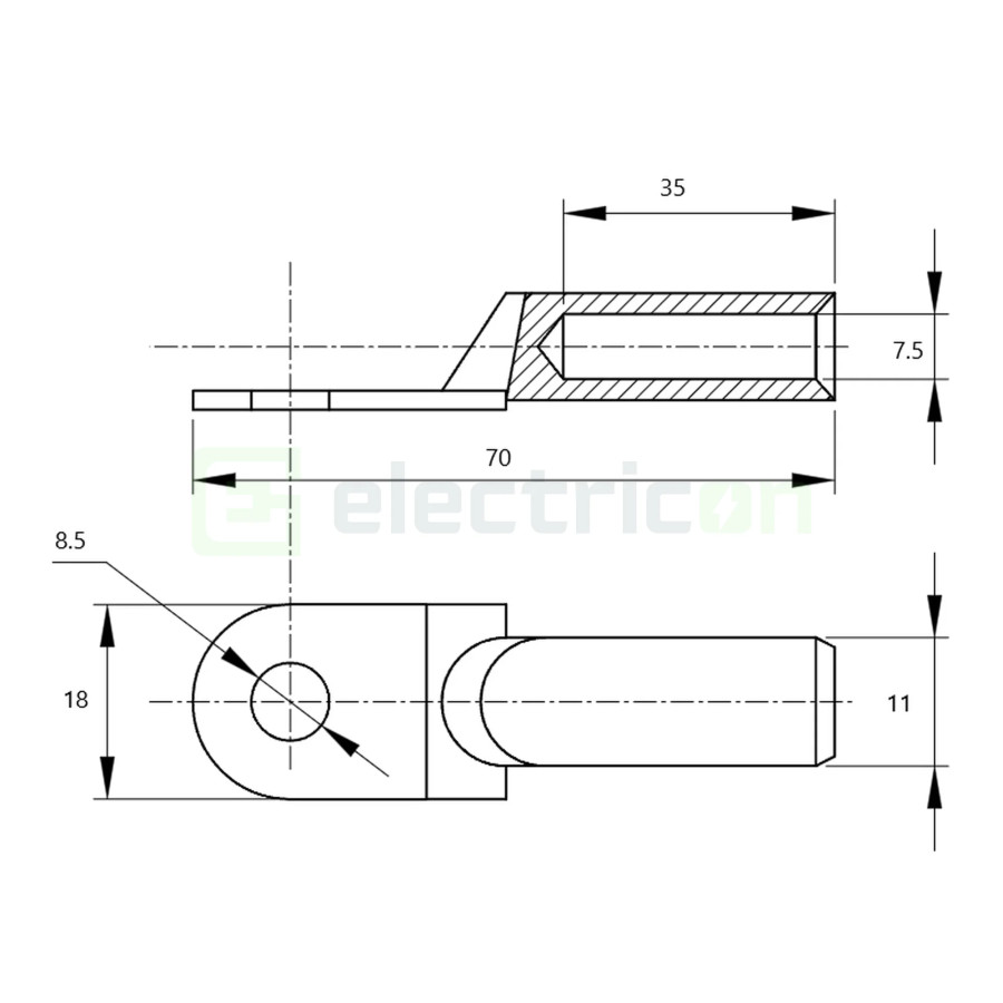 Papuc inelar neizolat, prelungit, din ţeavă de Cu stanat, 25mm², M8, (d1 7,5mm, d2 8,5mm), Tracon Electric, SZ-CLSN25