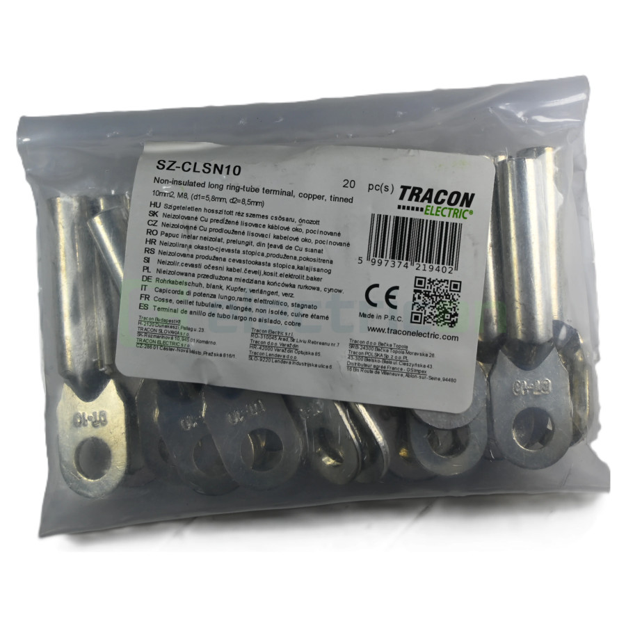 Papuc inelar neizolat, prelungit, din ţeavă de Cu stanat, 10mm², M8, (d1 5,8mm, d2 8,5mm), Tracon Electric, SZ-CLSN10