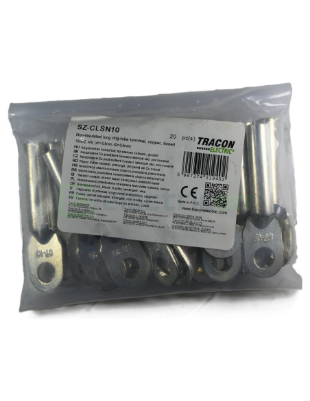 Papuc inelar neizolat, prelungit, din ţeavă de Cu stanat, 10mm², M8, (d1 5,8mm, d2 8,5mm), Tracon Electric, SZ-CLSN10