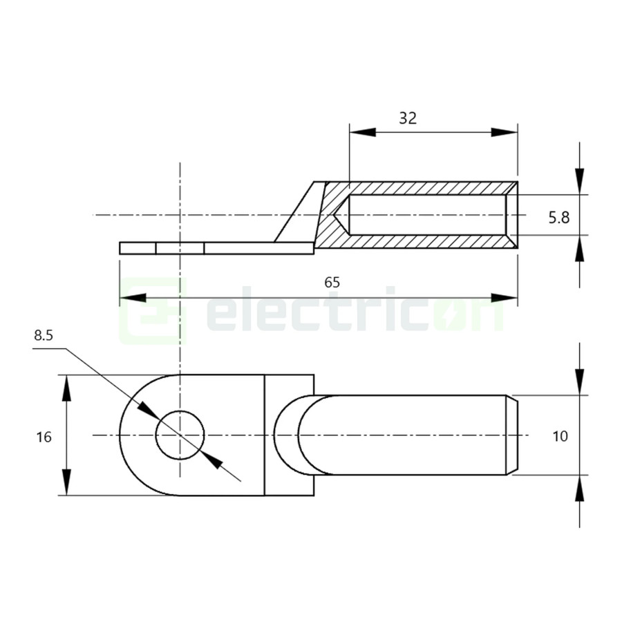 Papuc inelar neizolat, prelungit, din ţeavă de Cu stanat, 16mm², M8, (d1 6,5mm, d2 8,5mm), Tracon Electric, SZ-CLSN16
