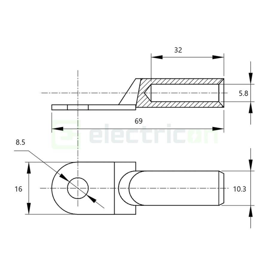 Papuc inelar neizolat cupru-aluminiu, 16mm², M8, (d1 5,8mm, d2 8,5mm), Tracon Electric, RA16-8
