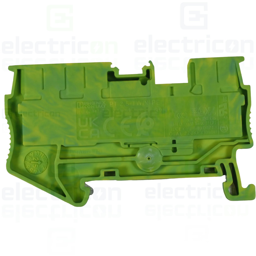 Clemă de derivație 5mm² Clema șir, împământare, 3 conexiuni, 2.5mm², galben-verde, PT 2,5-TWIN-PE, Phoenix Contact, 3209565 – mo