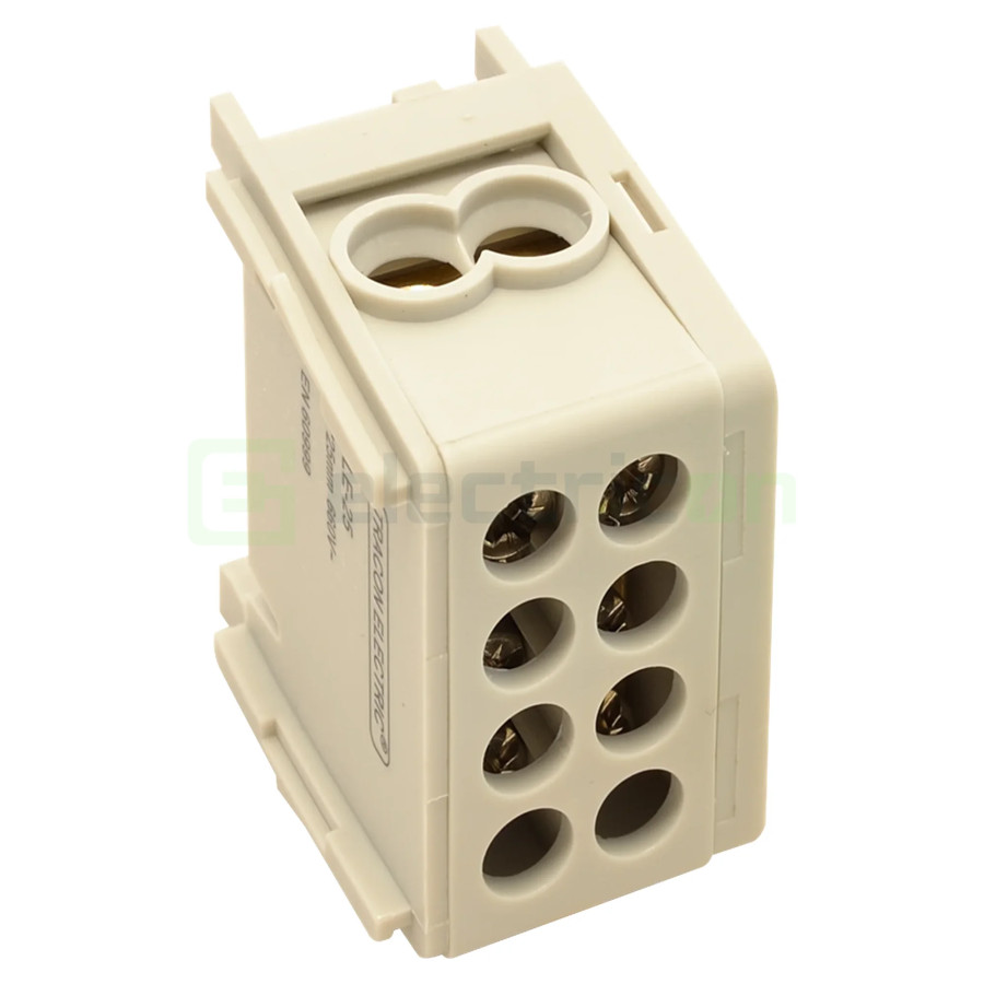 Clemă de derivație Clema derivatie, fixare pe sina, gri FLE-25 2×25mm2 / 2×25mm2, 400VAC, 101A Tracon Electric, FLE-25 – montaj 