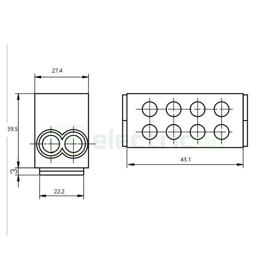 Clemă de derivație Clema derivatie, fixare pe sina, gri FLE-25 2×25mm2 / 2×25mm2, 400VAC, 101A Tracon Electric, FLE-25 – montaj 