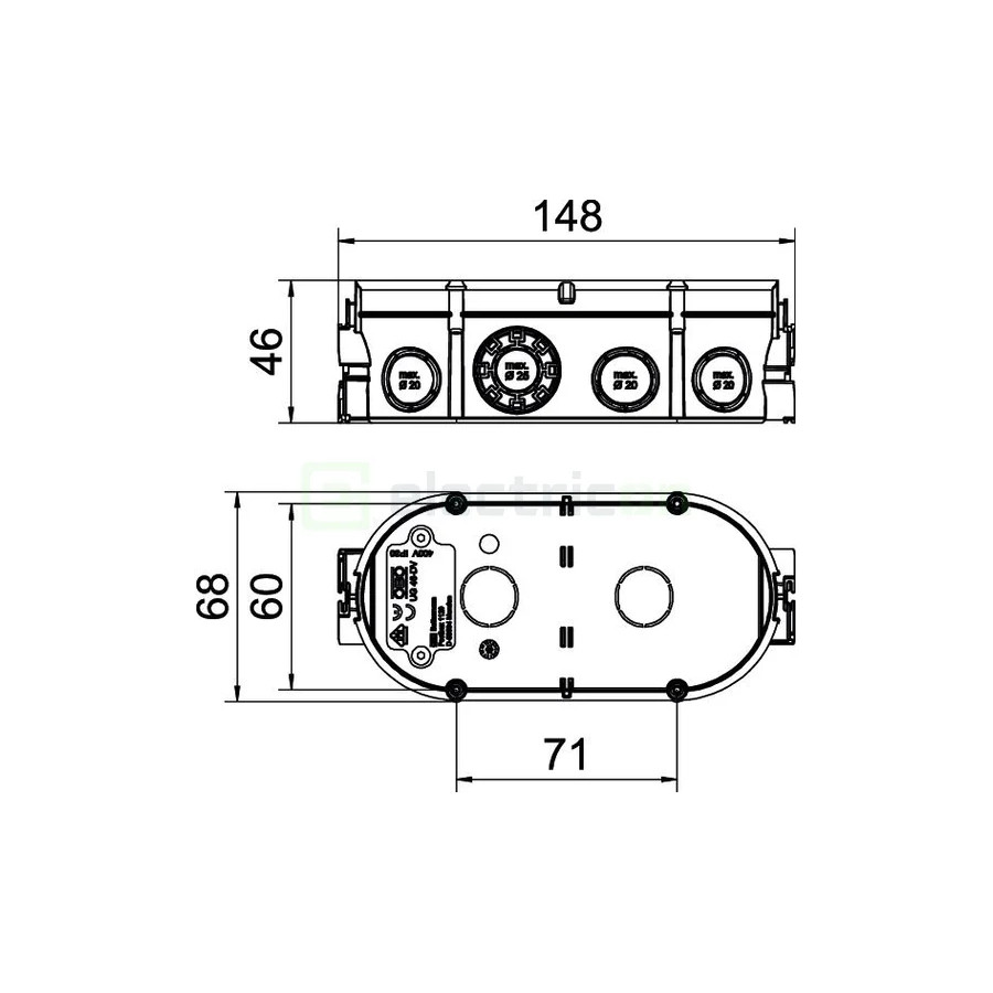 Doză aparataj dublă, sub tencuială,UG 46-DV,  2xØ60 mm,  pentru țevi 20/25 mm, OBO Bettermann 2003722
