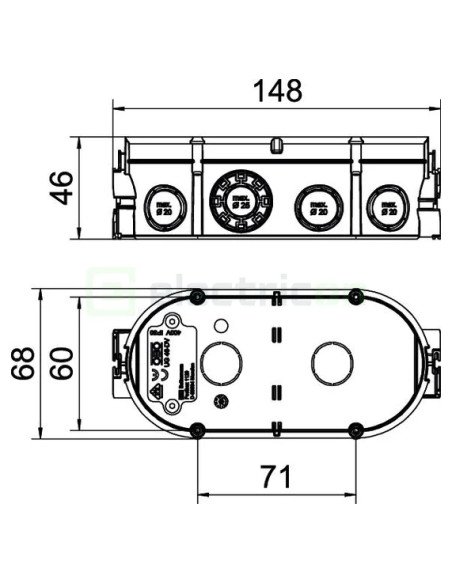 Doză aparataj dublă, sub tencuială,UG 46-DV,  2xØ60 mm,  pentru țevi 20/25 mm, OBO Bettermann 2003722