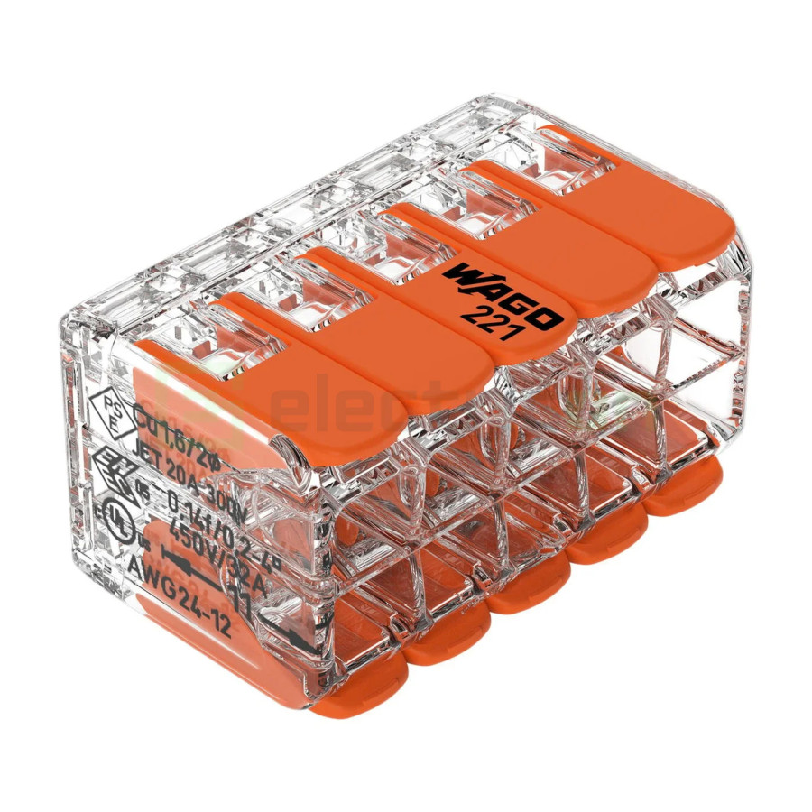 Conector Wago 4mm² Clemă legătură doza pentru cablu lițat, 2x5x4mm² (10 conductori, 5 per rând), 4 mm², Wago, 221-420 – montaj r