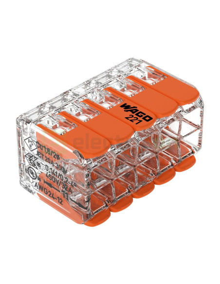Conector Wago 4mm² Clemă legătură doza pentru cablu lițat, 2x5x4mm² (10 conductori, 5 per rând), 4 mm², Wago, 221-420 – montaj r