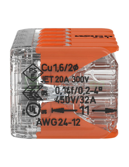 Conector Wago 4mm² Clemă legătură doza pentru cablu lițat, 2x5x4mm² (10 conductori, 5 per rând), 4 mm², Wago, 221-420 – montaj r