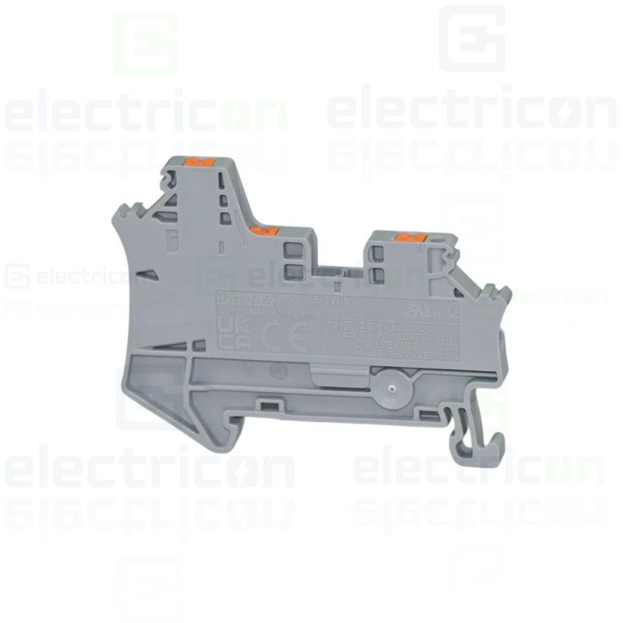 Clemă de derivație 5 mm² Clemă șir de trecere, 3 conexiuni, 2,5 mm², gri, PTV 2,5 TWIN, Phoenix Contact, 1078966 – montaj rapid 