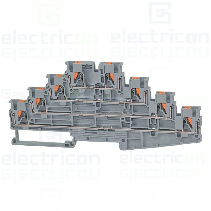 Clemă de derivație 4 mm² Clema șir, de trecere cu 4 etaje,8 conexiuni, 0,14-4 mm²,gri, PT 2,5-4L, Phoenix Contact, 1334599 – mon