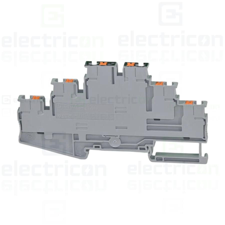 Clemă de derivație 4 mm² Clema șir, cu 3 etaje, 6 conexiuni, 0,14-4 mm²,gri, PT 2,5-3PV, Phoenix Contact, 3210512 – montaj rapid