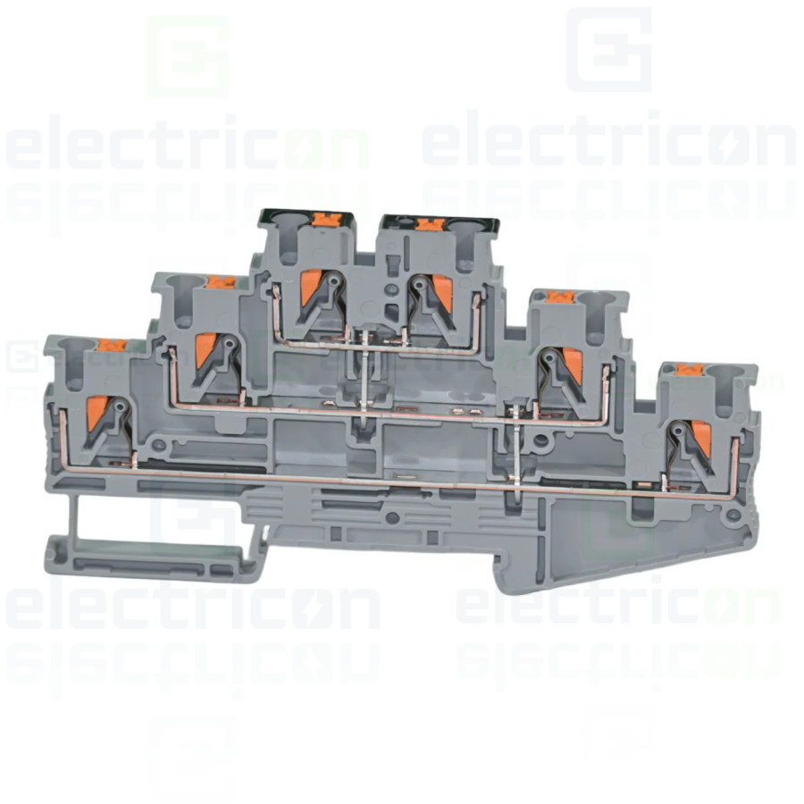 Clemă de derivație 4 mm² Clema șir, cu 3 etaje, 6 conexiuni, 0,14-4 mm²,gri, PT 2,5-3PV, Phoenix Contact, 3210512 – montaj rapid