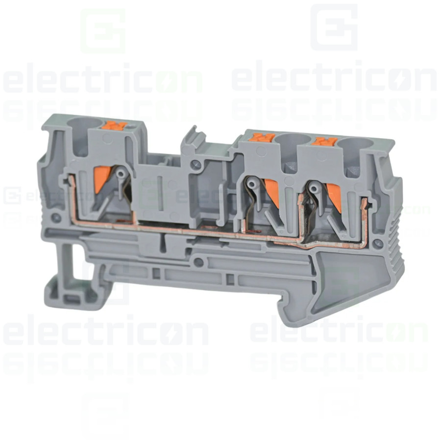 Clemă de derivație 4 mm² Clema șir, de trecere, 3 conexiuni, 4 mm²,gri, PT 4-TWIN, Phoenix Contact, 3211771 – montaj rapid și si