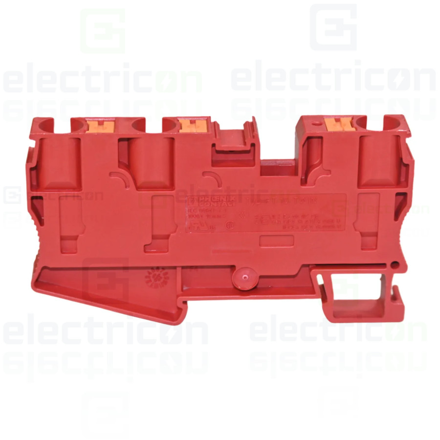 Clemă de derivație 10 mm² Clema șir, de trecere, 3 conexiuni, 10 mm²,roșu, PT 10 TWIN RD, Phoenix Contact, 1375409 – montaj rapi
