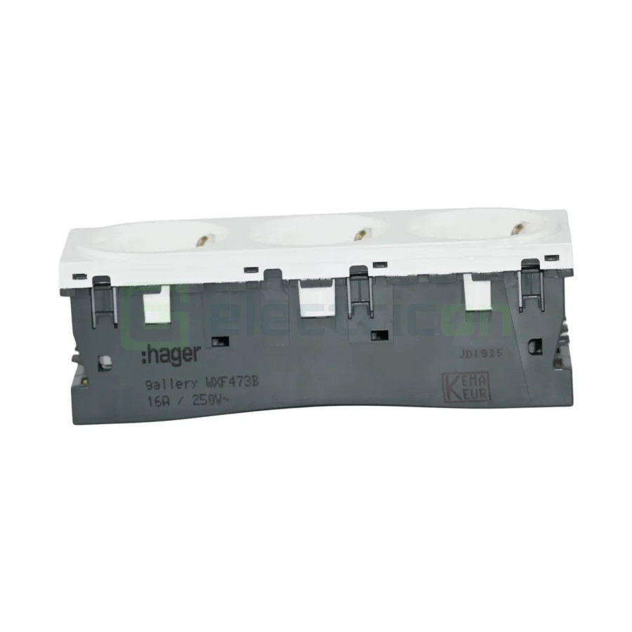 Priza tripla shucko pentru canal cablu, 45mm, 16A, alb, QuickConnect, Gallery, Hager, WXF473B