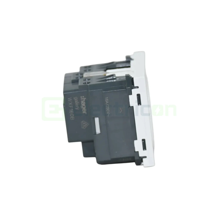 Priza simpla shucko pentru canal cablu, 45mm, 16A, alb, QuickConnect, Gallery, Hager, WXF160B