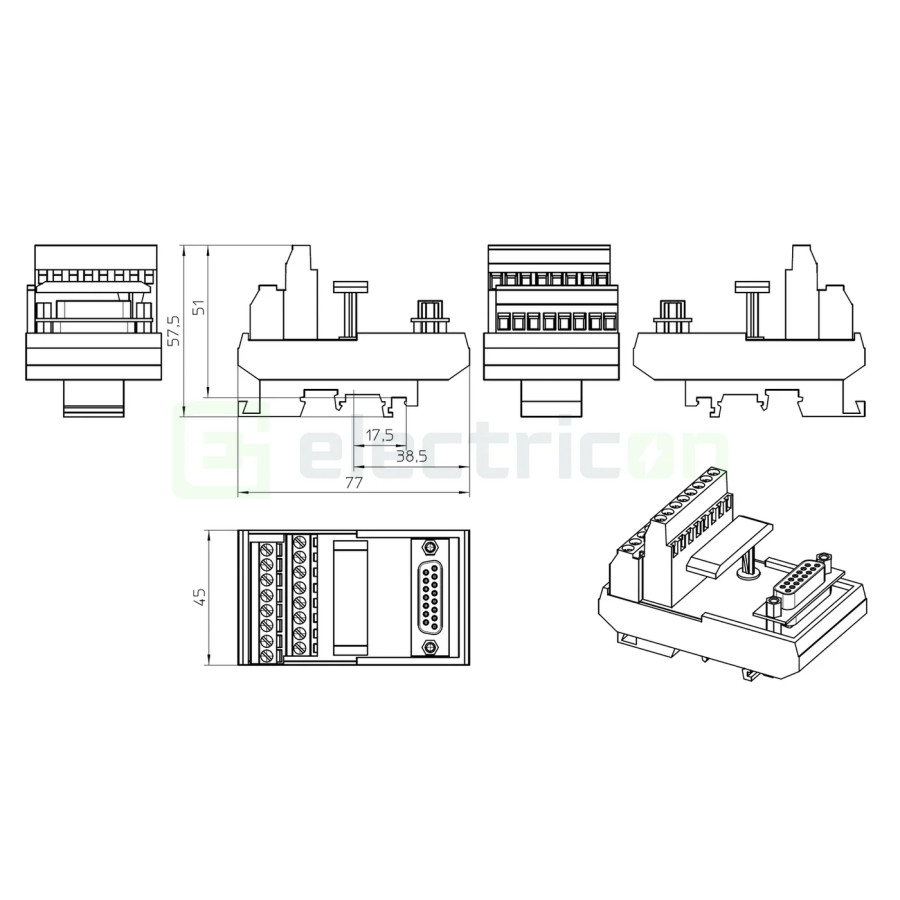 Modul interfață mama cu 15 contacte, cu conector D-sub, montare pe șină DIN, 2.5 A, SUB/B, FLKM-D15, pentru uz industrial, Phoen