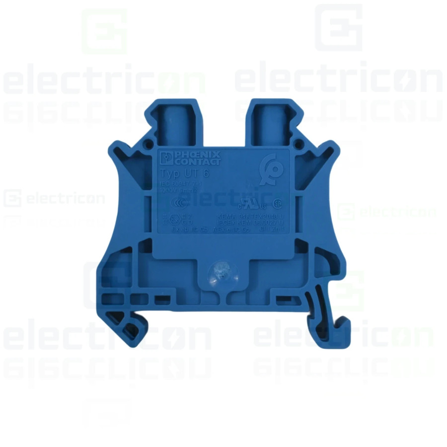 Clemă de derivație 6 mm² Clema șir cu șurub, 2PT, 2 conexiuni, 6 mm², albastru, UT 6 BU, Phoenix Contact, 3044144 – montaj rapid